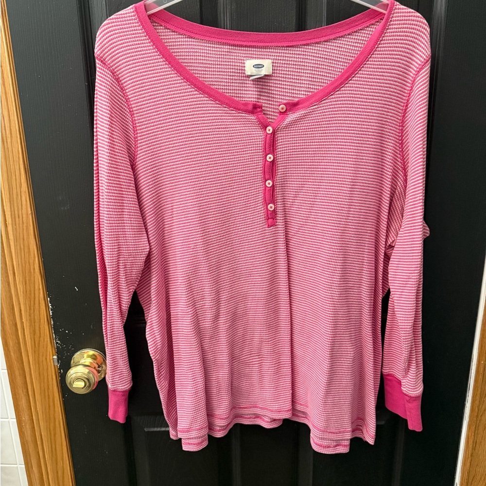 Plus size - Pink Striped Long Sleeve Henley Top